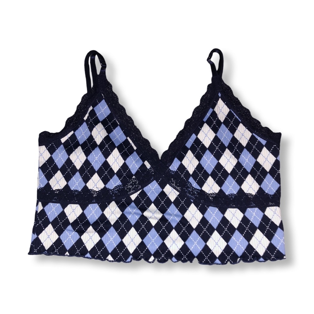 Divided by H&M Ribbed Blue Argyle Lettuce Hem Lace Trim V-Neck Cami Crop Top Y2K - Picture 7 of 7